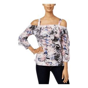 NYDJ Off The Shoulder Floral Tropical Print Blouse LOng Sleeve Pull-Over  L